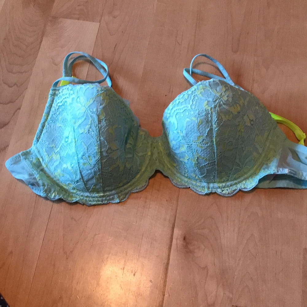 Baby blue and lime green lace bra and undies